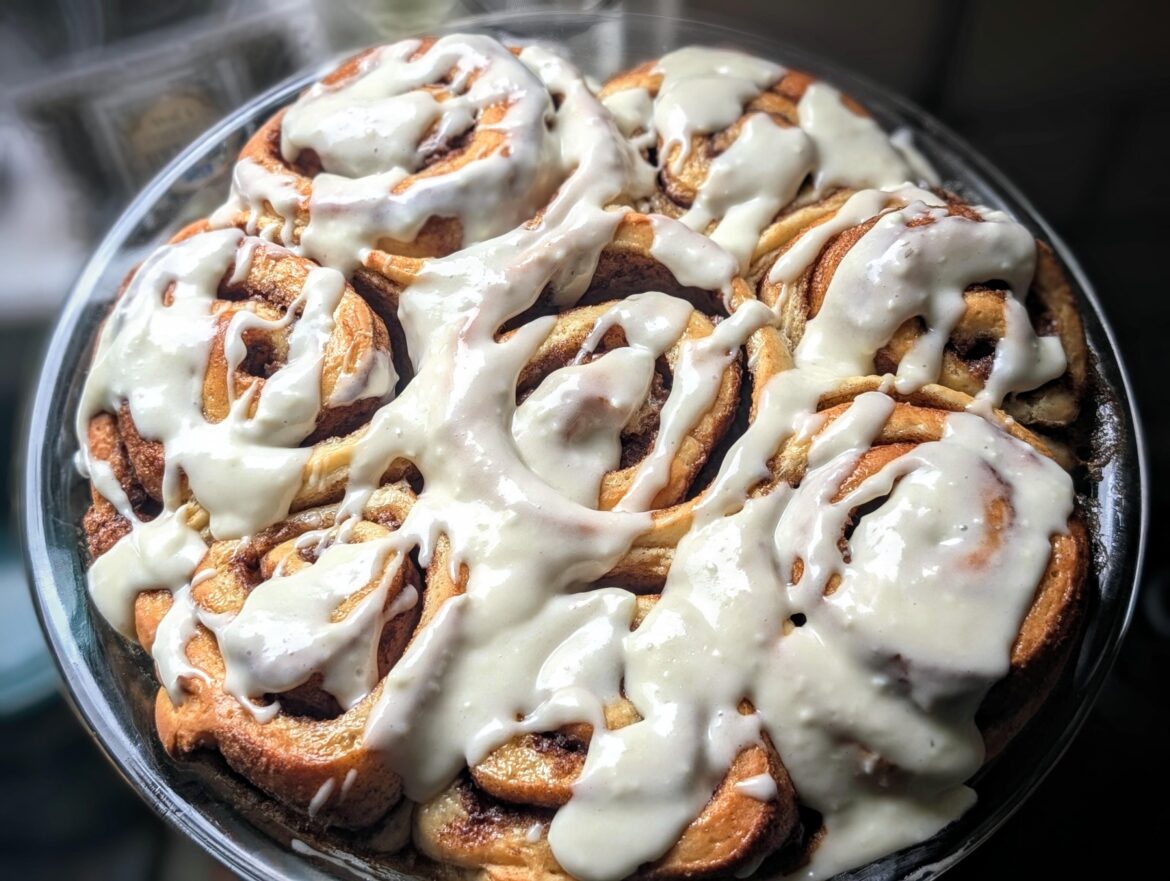 Cinnamon rolls with cream cheese icing. [OC]