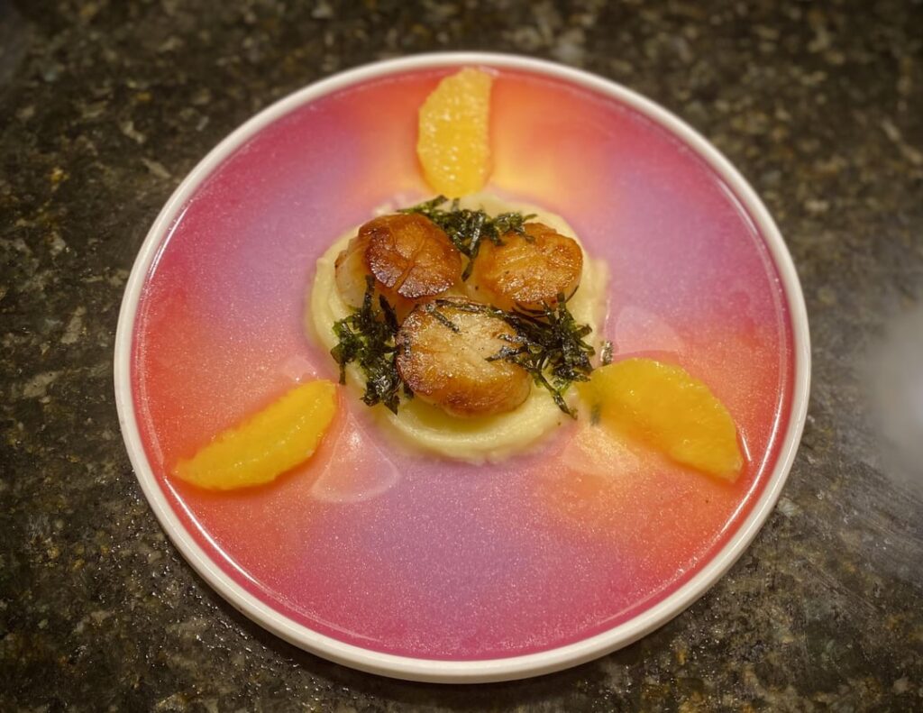 Scallop, mandarin supremes, potato purée w/ drippings, nori, carrot+scallop scrap broth