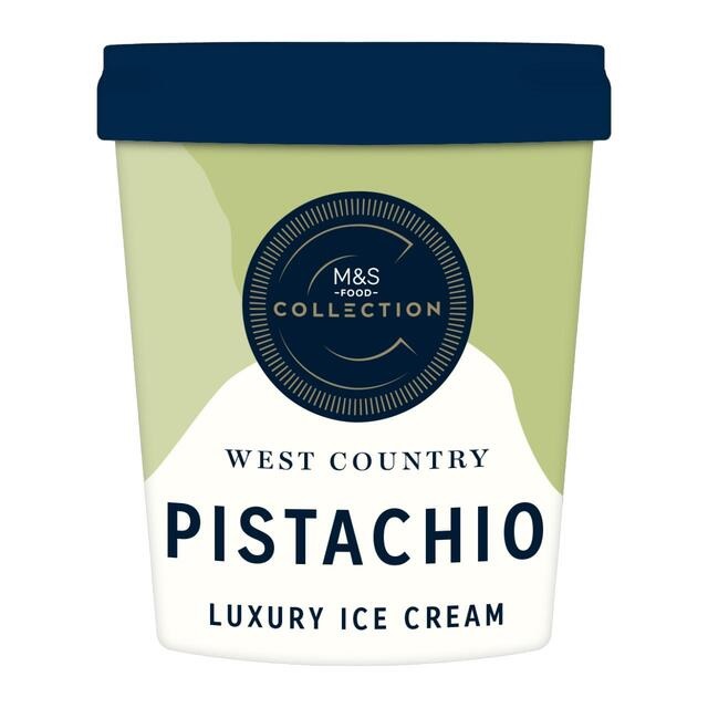 M&S West Country Pistachio Luxury Ice Cream tub.