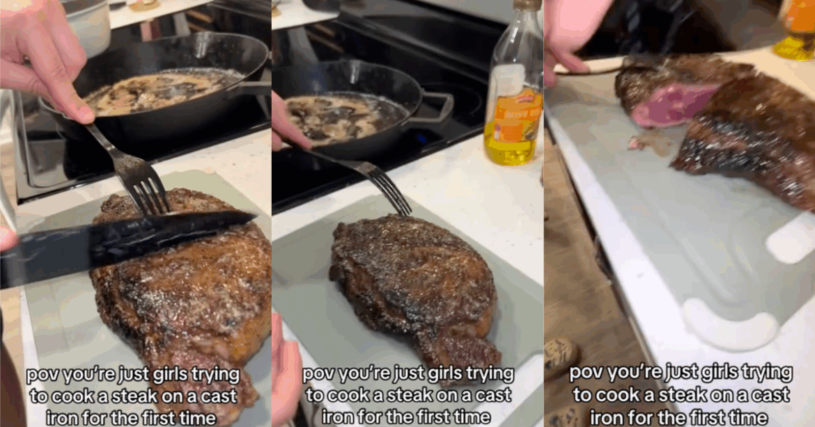A TikTokker Cooked A Steak On A Brand-New Skillet And It Didn’t Turn Out Well » TwistedSifter woman cooking a steak