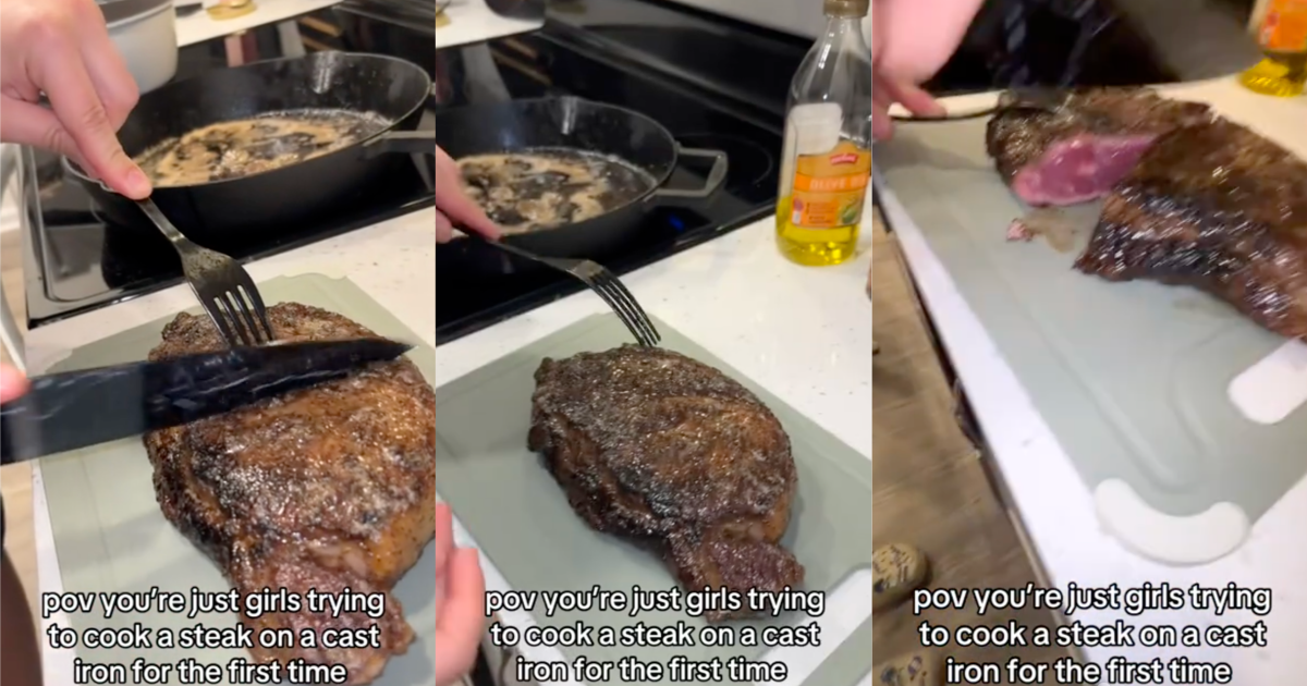 A TikTokker Cooked A Steak On A Brand New Skillet And It Didnt Turn Out Well woman cooking a steak