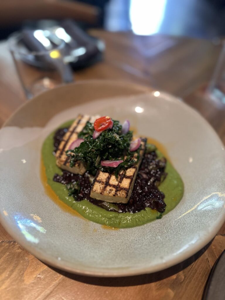 Grilled tofu, sticky rice, sauce