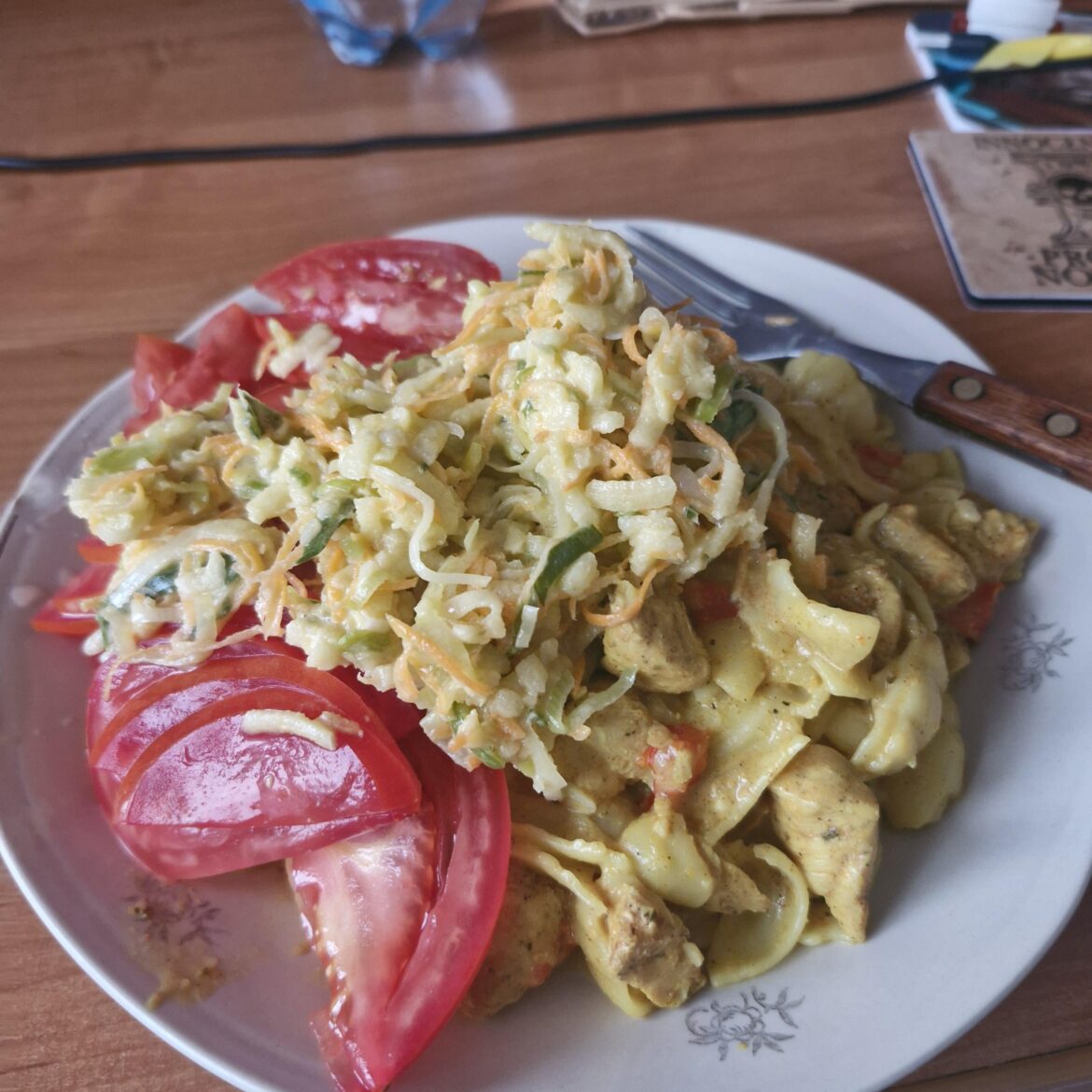 Today's supper- orecchiette with chicken and pepper in a creamy sauce, with a side of tomatoes and leek salad.