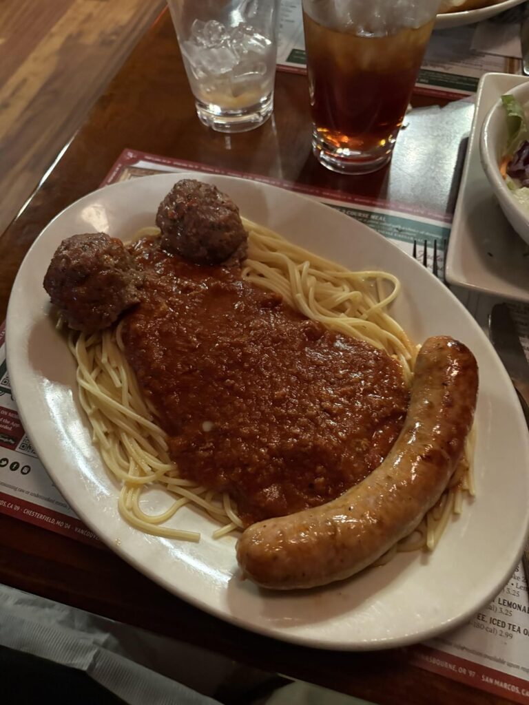 [I ate] the meat lovers trio and cheesy bread at The Old Spaghetti Factory