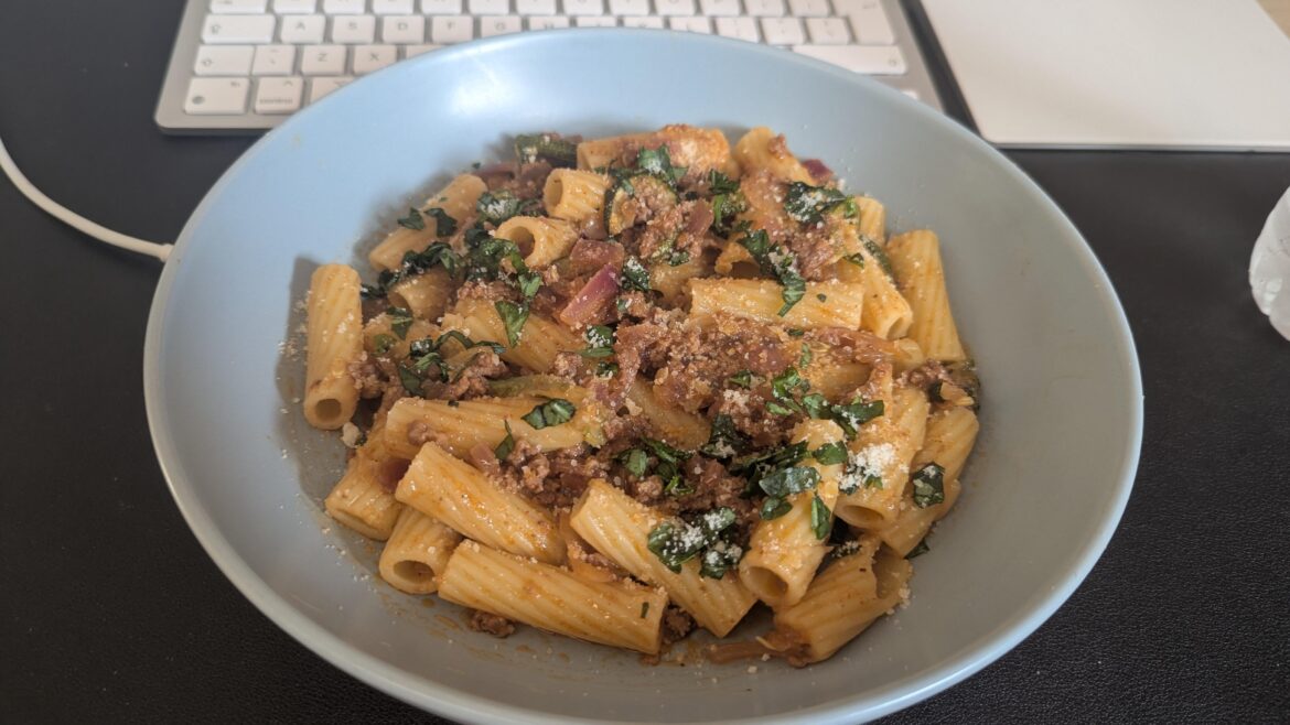 Tuscan lamb and roasted courgette ragu with tortiglioni
