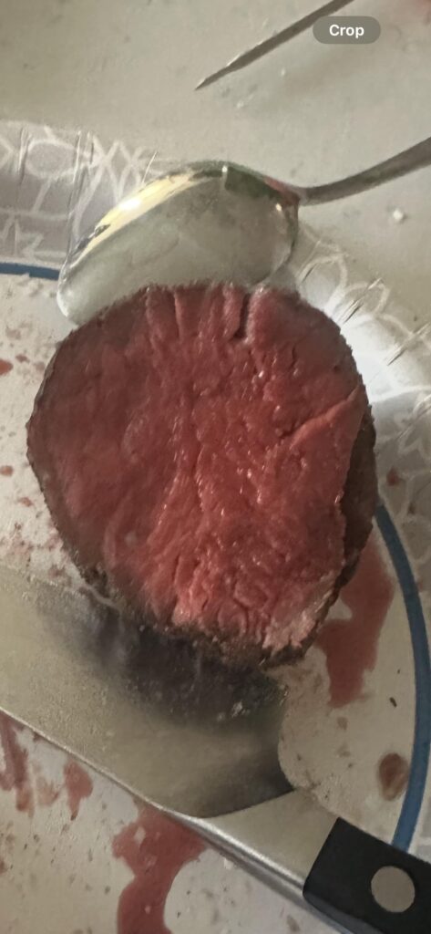 Tenderloin. 134 for 2 hours. Seared on steel pan. Served on paper plate.