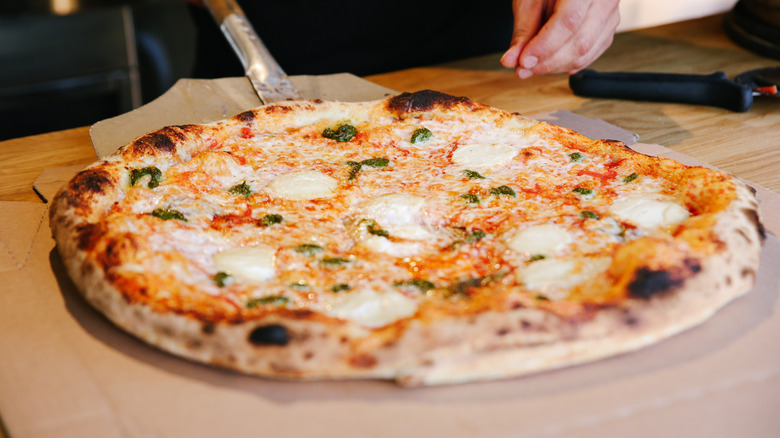 Cooked cheese pizza on parchment paper
