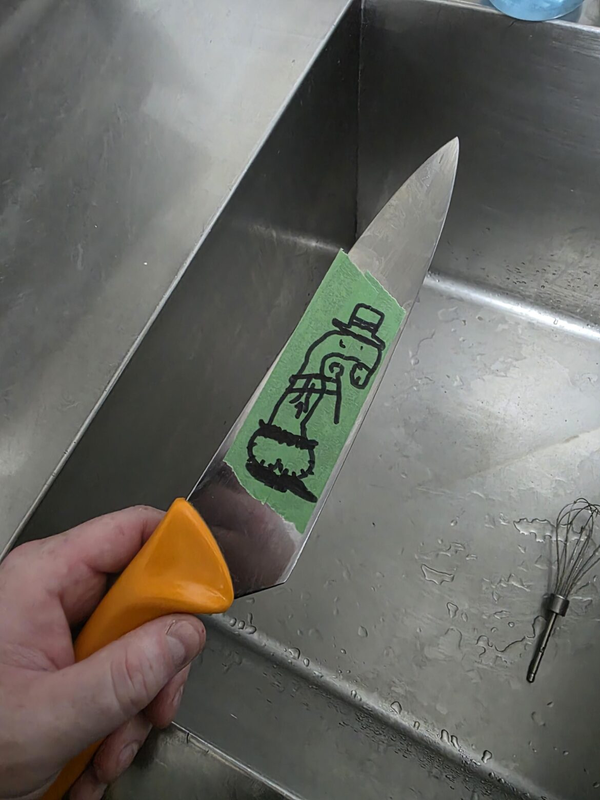 My buddy and coworker has been drawing this party penis everywhere. This was my knife this morning