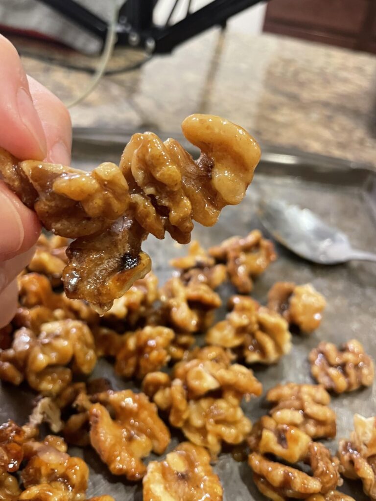 made sea salted honey glazed candied walnuts and i love them