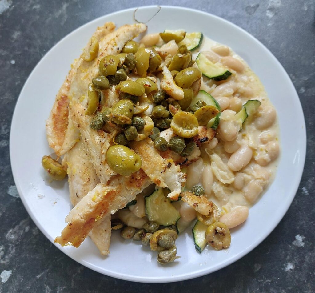 Today's dinner! Roast basa strips with creamy lemon beans and courgette