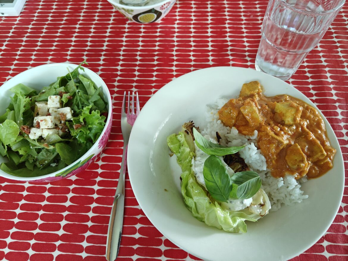 Tofu korma with rice and grilled cabbage