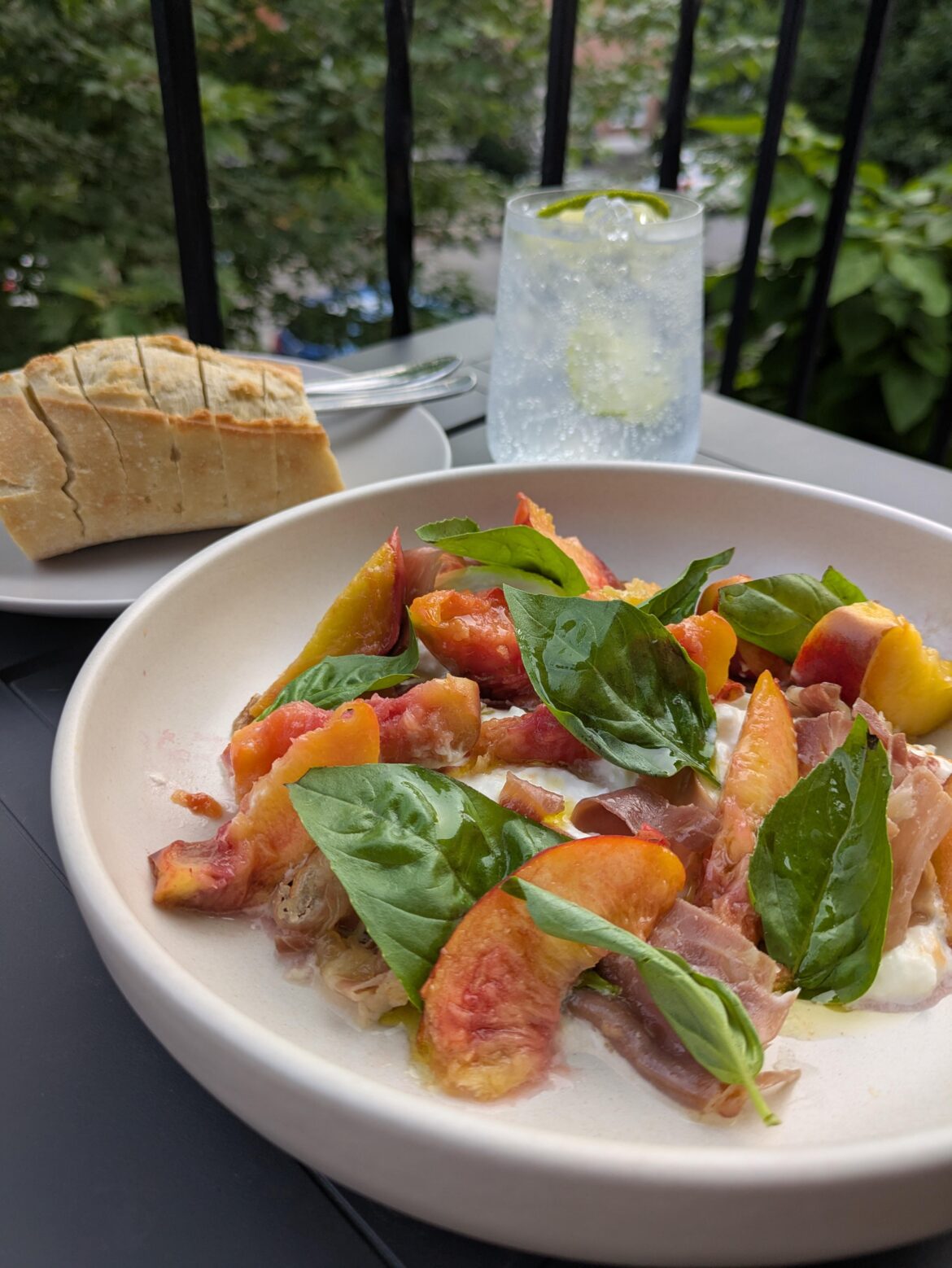 Peaches, burrata, prosciutto, basil