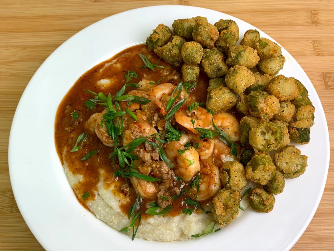 Shrimp and Grits with Fried Okra