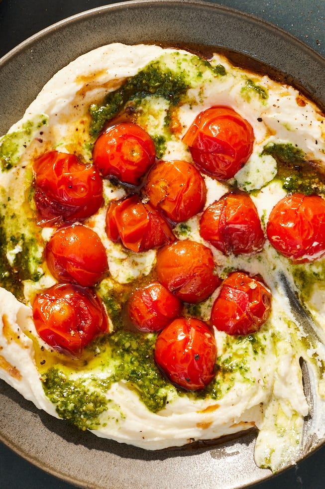 whipped mozzarella with burst cherry tomatoes