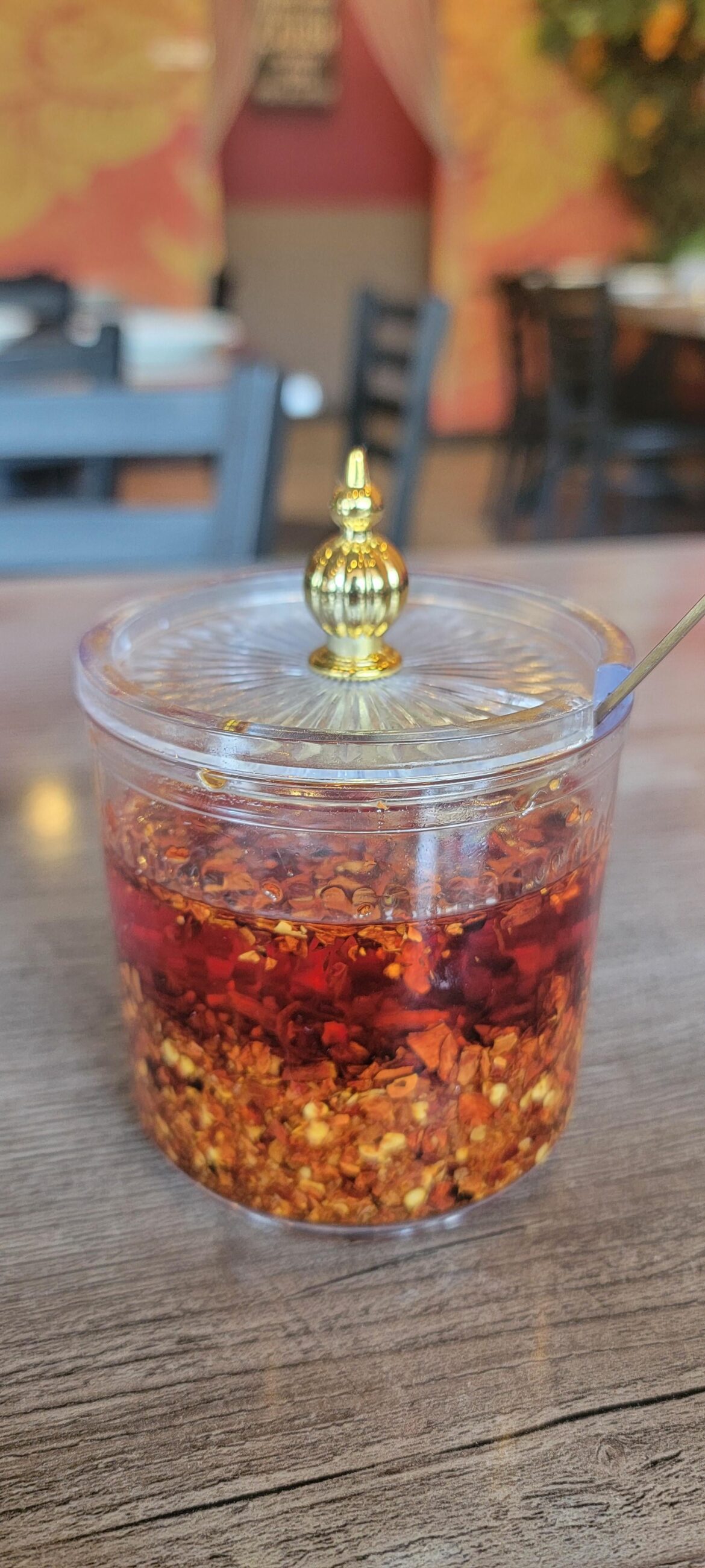 Thai Restaurant I'm at brought me a full thing of chilli oil/crisp, it's so good.