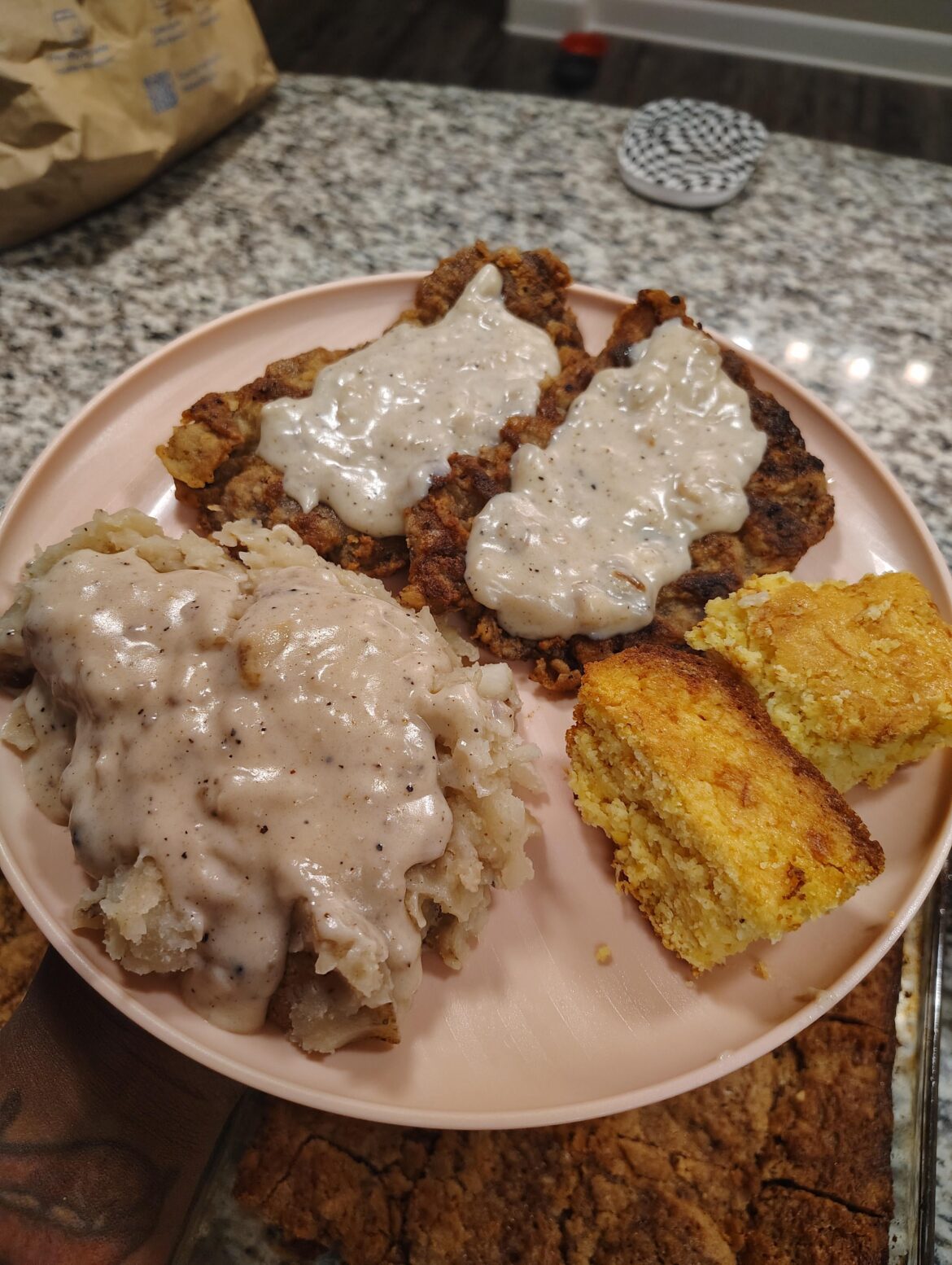 Country Fried steak, mashed potatoes, cornbread and yummy gravy