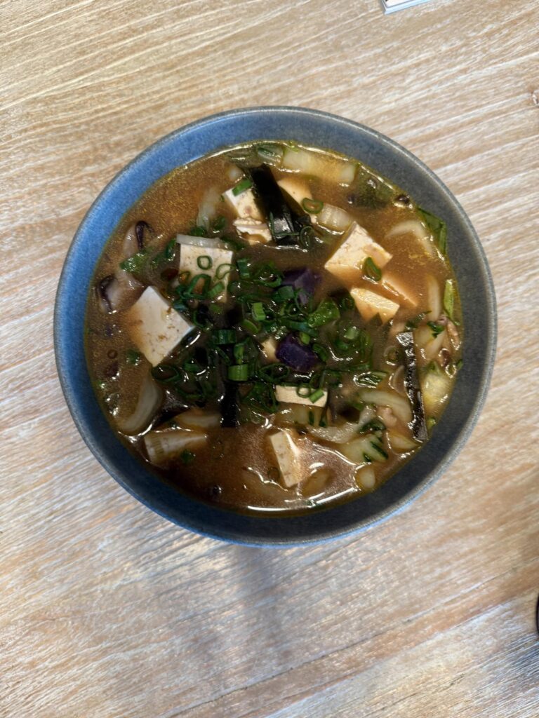 Miso, tofu, sweet potatoes stew + purple broccolini side