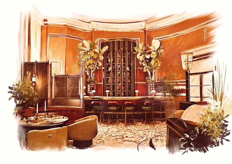 Illustration of the Victor Garvey bar at the Midland Grand restaurant.