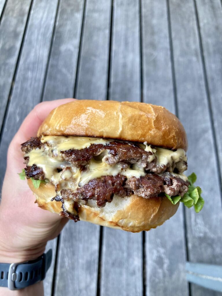Double smash burgers, with homemade challah buns