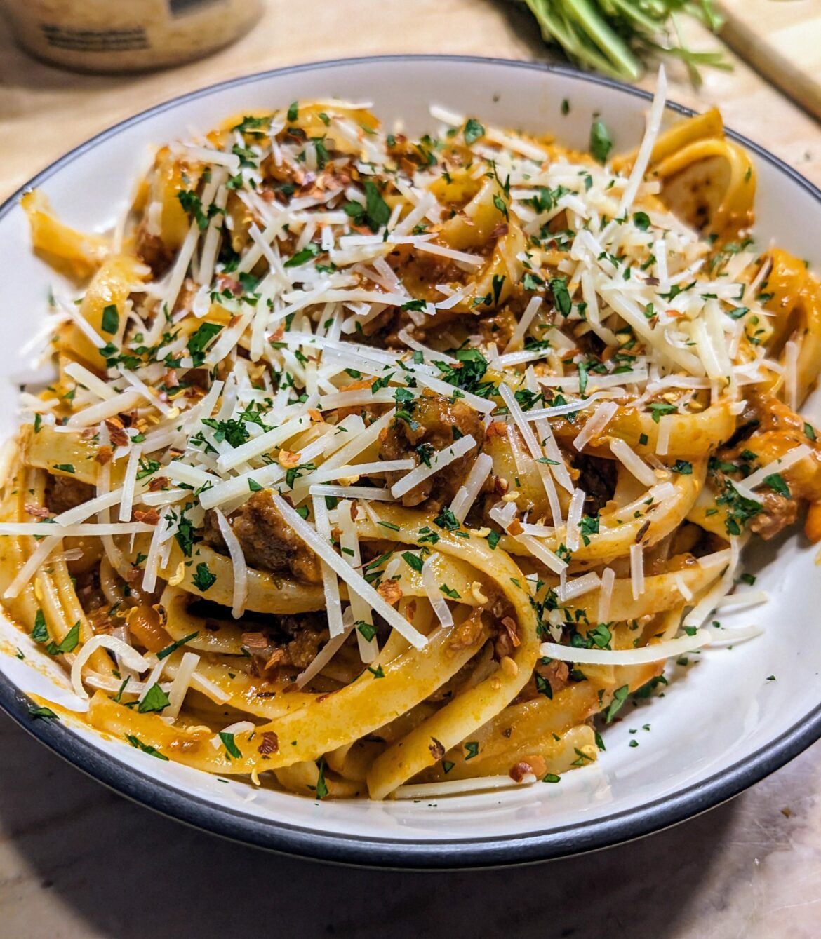 Leftover Bolognese + linguine for lunch