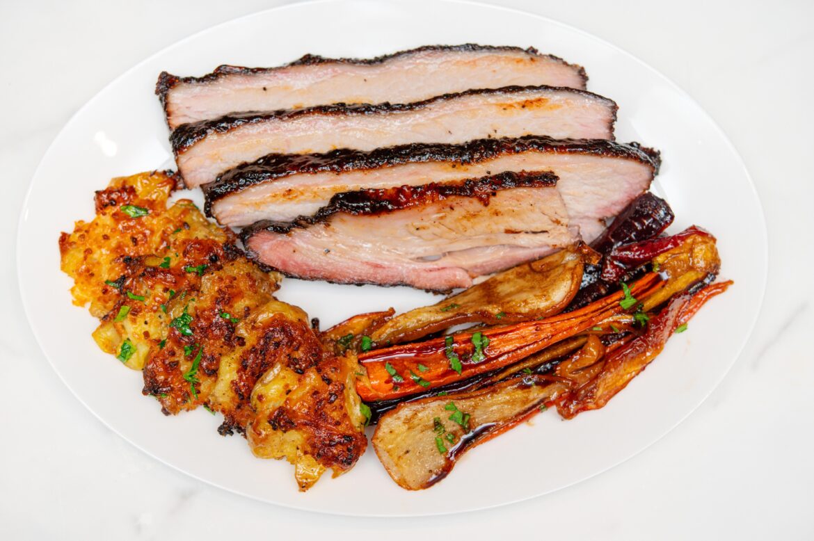 [homemade] smoked pork belly with honey, teriyaki gochujang glaze. Garlic Parmesan smashed roasted potatoes with homemade ranch and maple glazed carrots, pears and apricots.