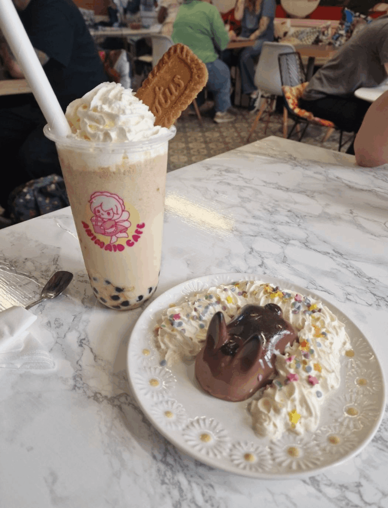 Milk chocolate jelly bunny with a side of Biscoff boba milkshake