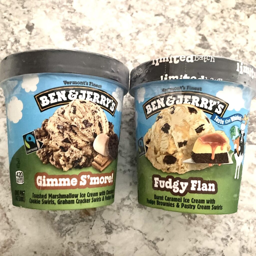 Ben & Jerry’s Gimme S’More and Fudgy Flan: similar burnt flavors, both kinda flat. Tasty brownie though