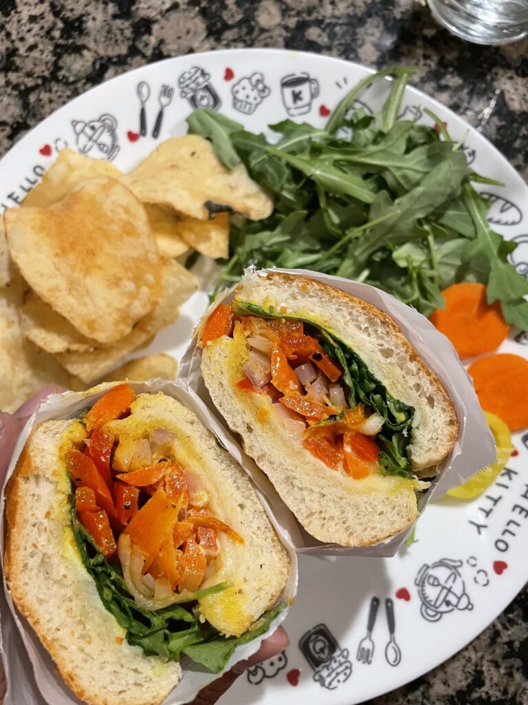 Roasted vegetable sandwich on a toasted roll with Swiss cheese, mustard, and light Kewpie mayo 🥪