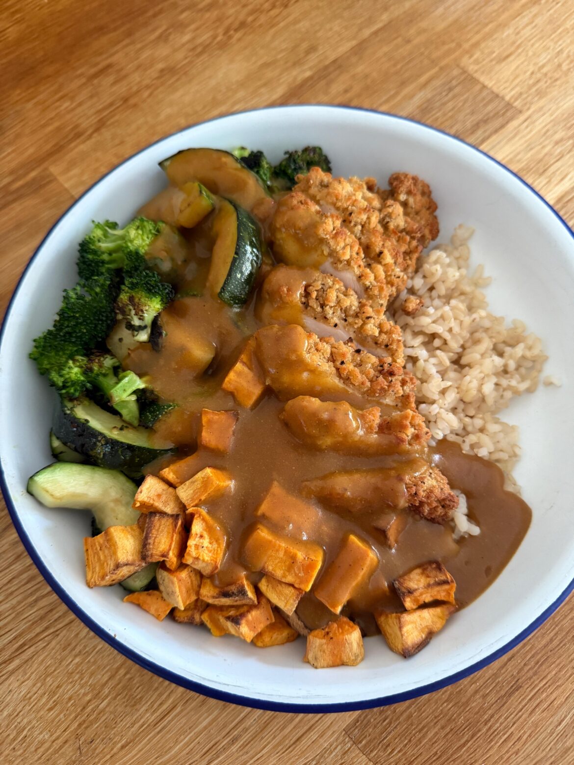 Impromptu Japanese curry made with leftovers and brown rice for me and my roommate.