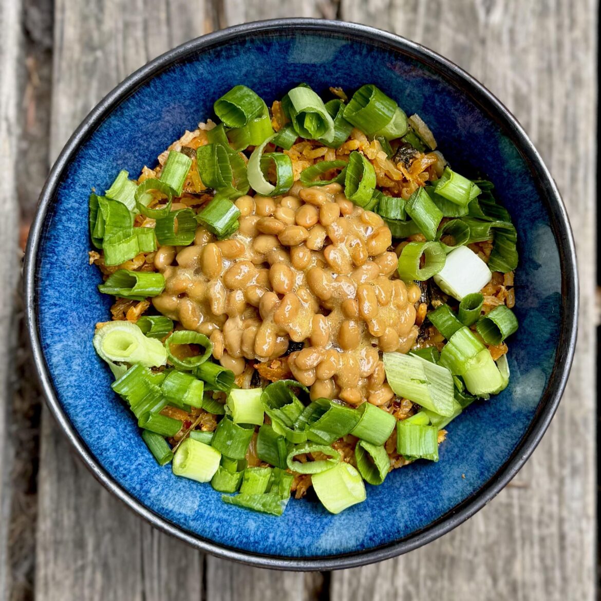 Kimchi fried rice with natto and scallions