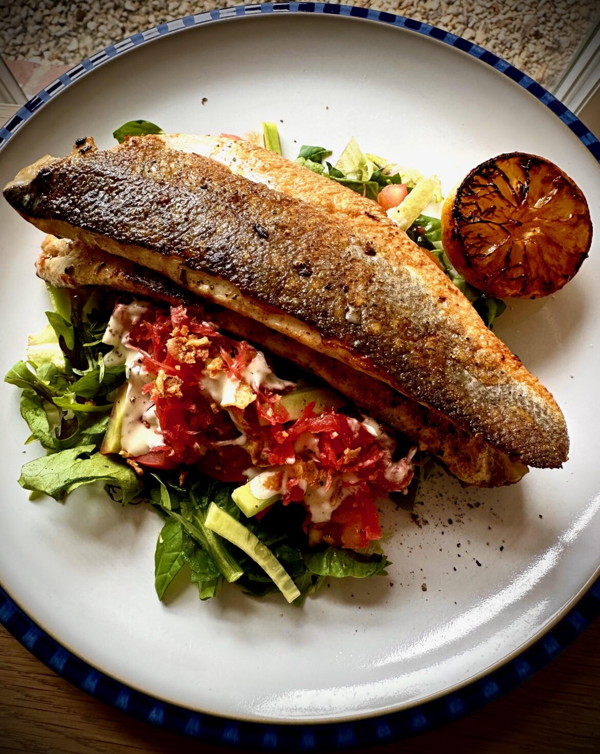[OC] Pan Seared Dorset Sea Bass, with Salad.
