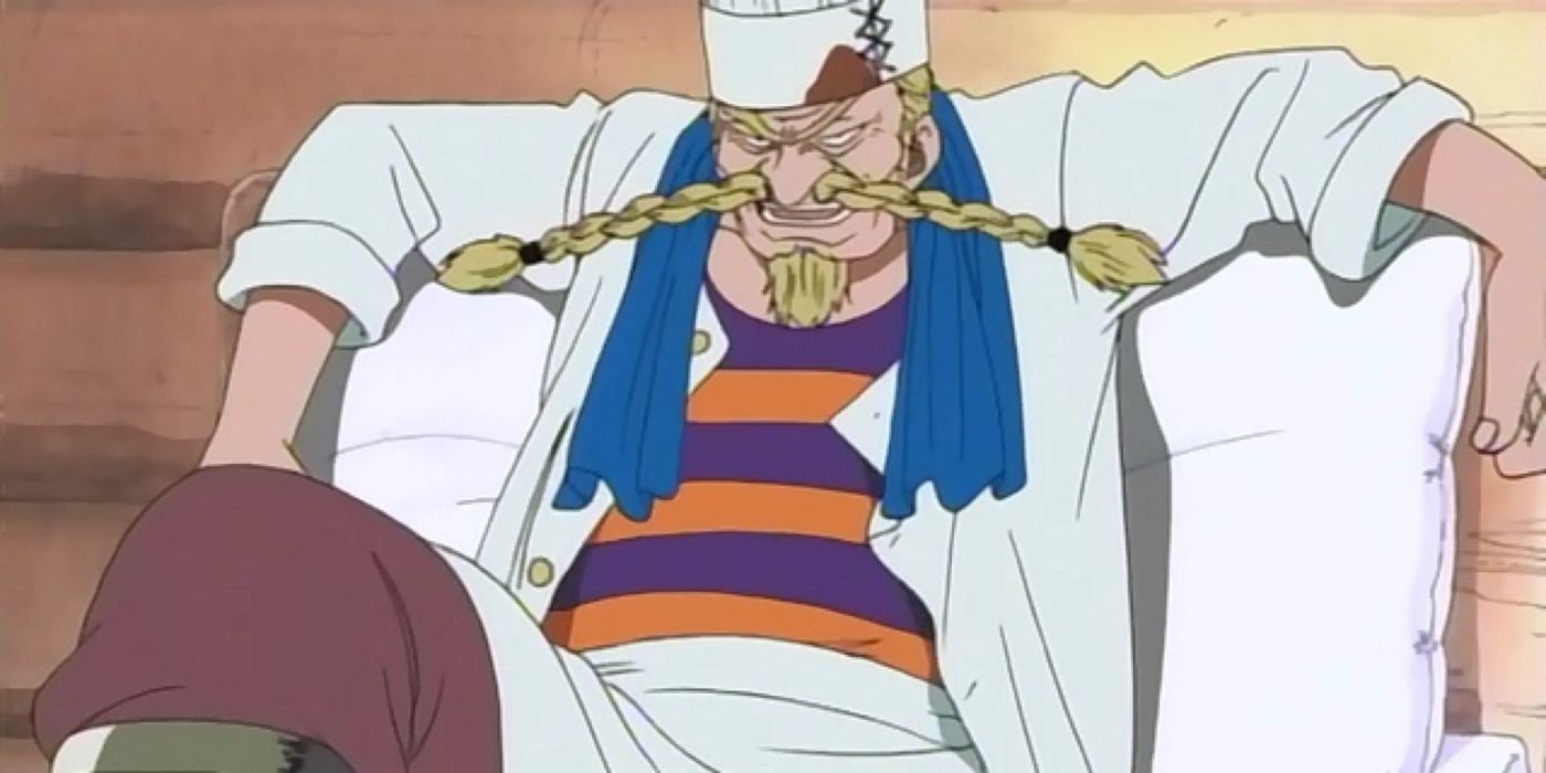 Zeff the Cheff is lounging on a chair after being injured by Monkey D. Luffy during One Piece's Baratie Arc.