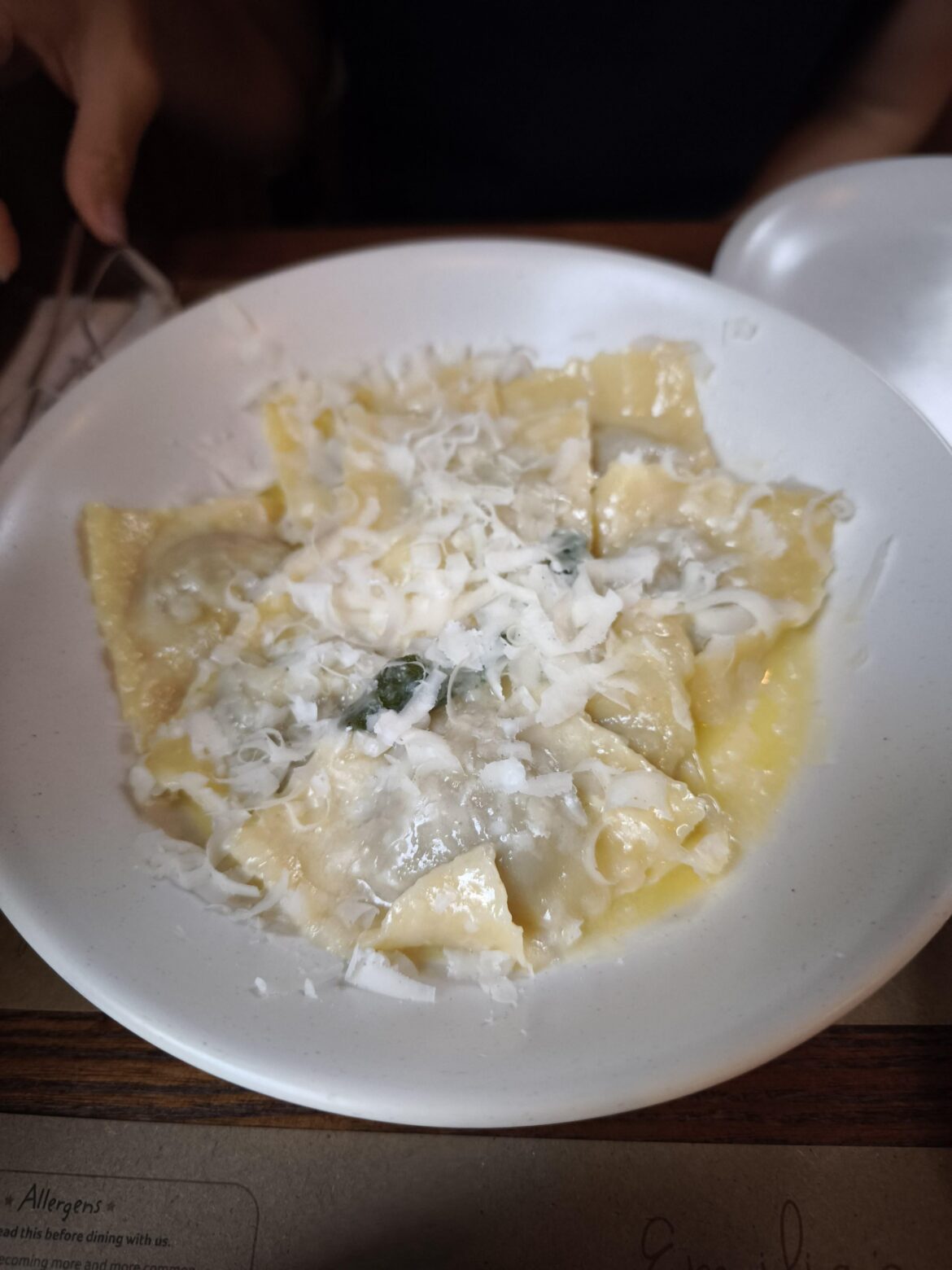 ravioli with high welfare 100% grass-fed lamb, parsley and parmesan in a light butter & sage sauce
