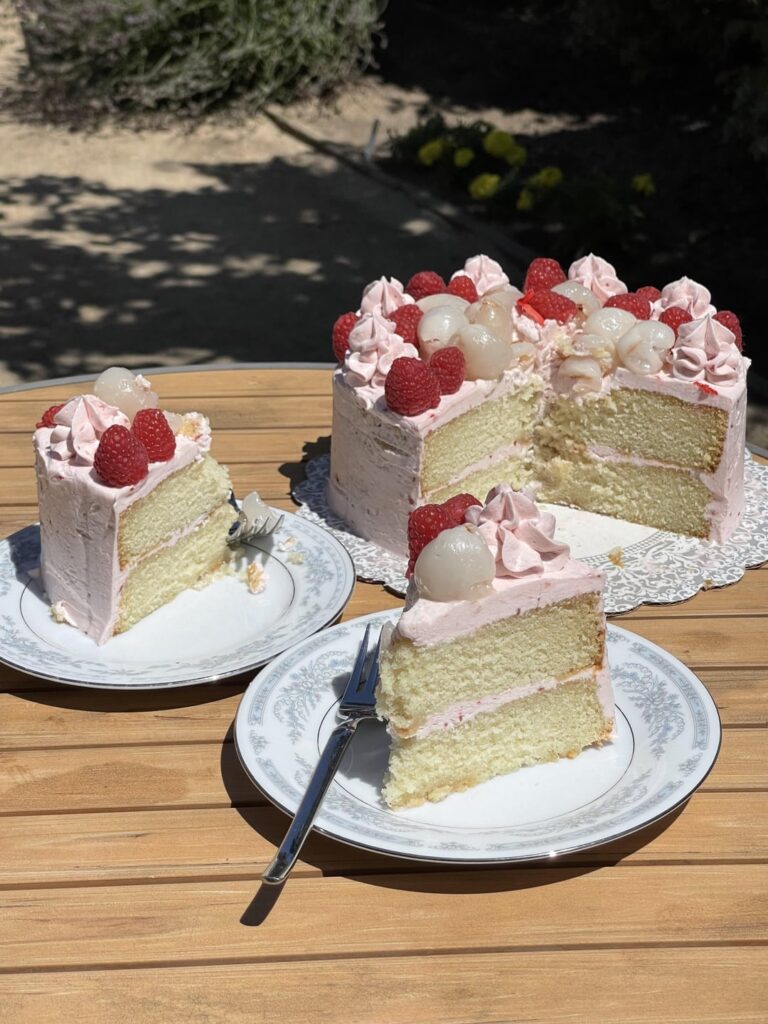 Lychee Cake with Lychee, Raspberry & Rose Buttercream with Fresh Lychees and Raspberries