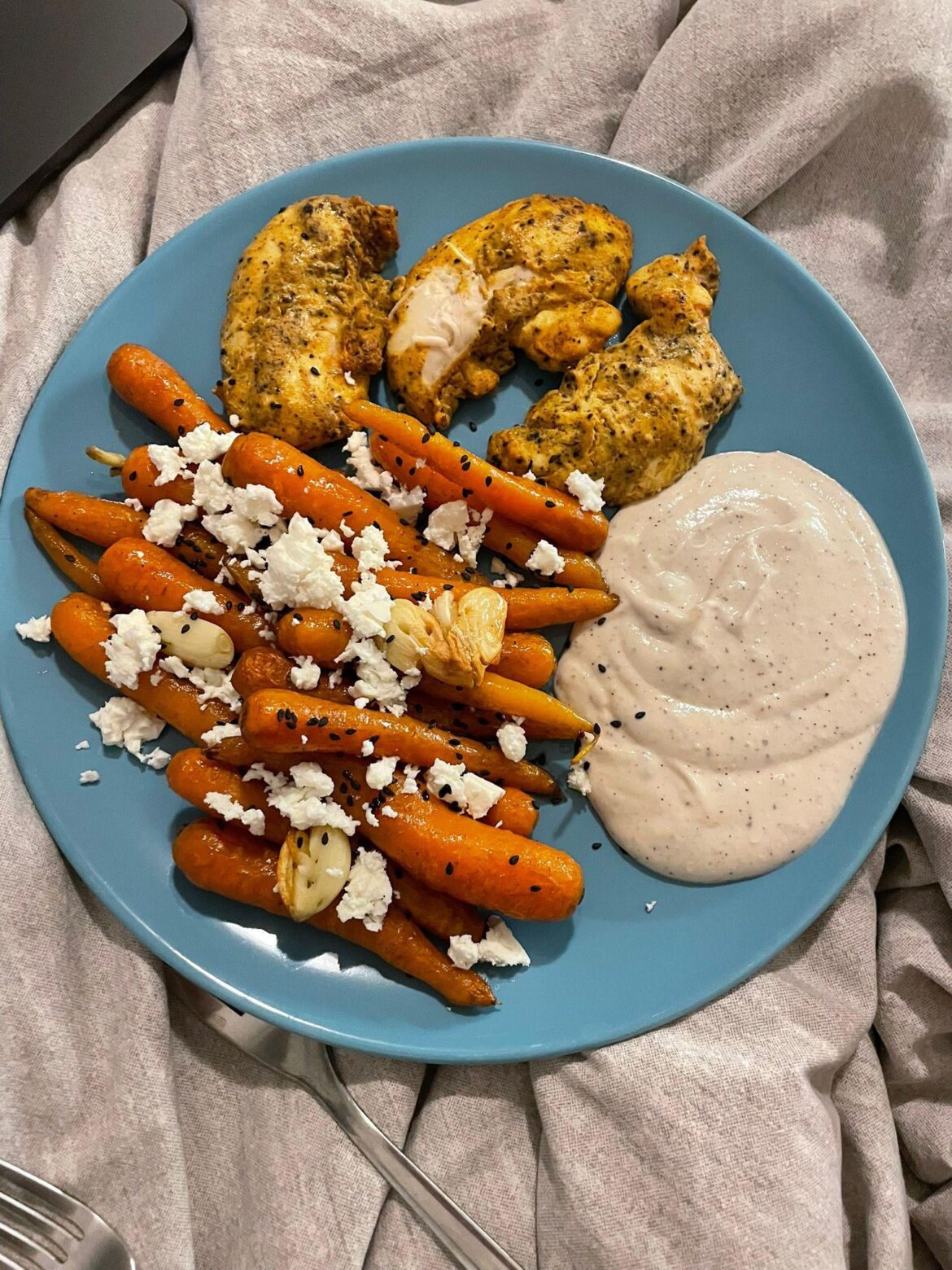 glazed carrots, marinated chicken and yogurt-tahini sauce