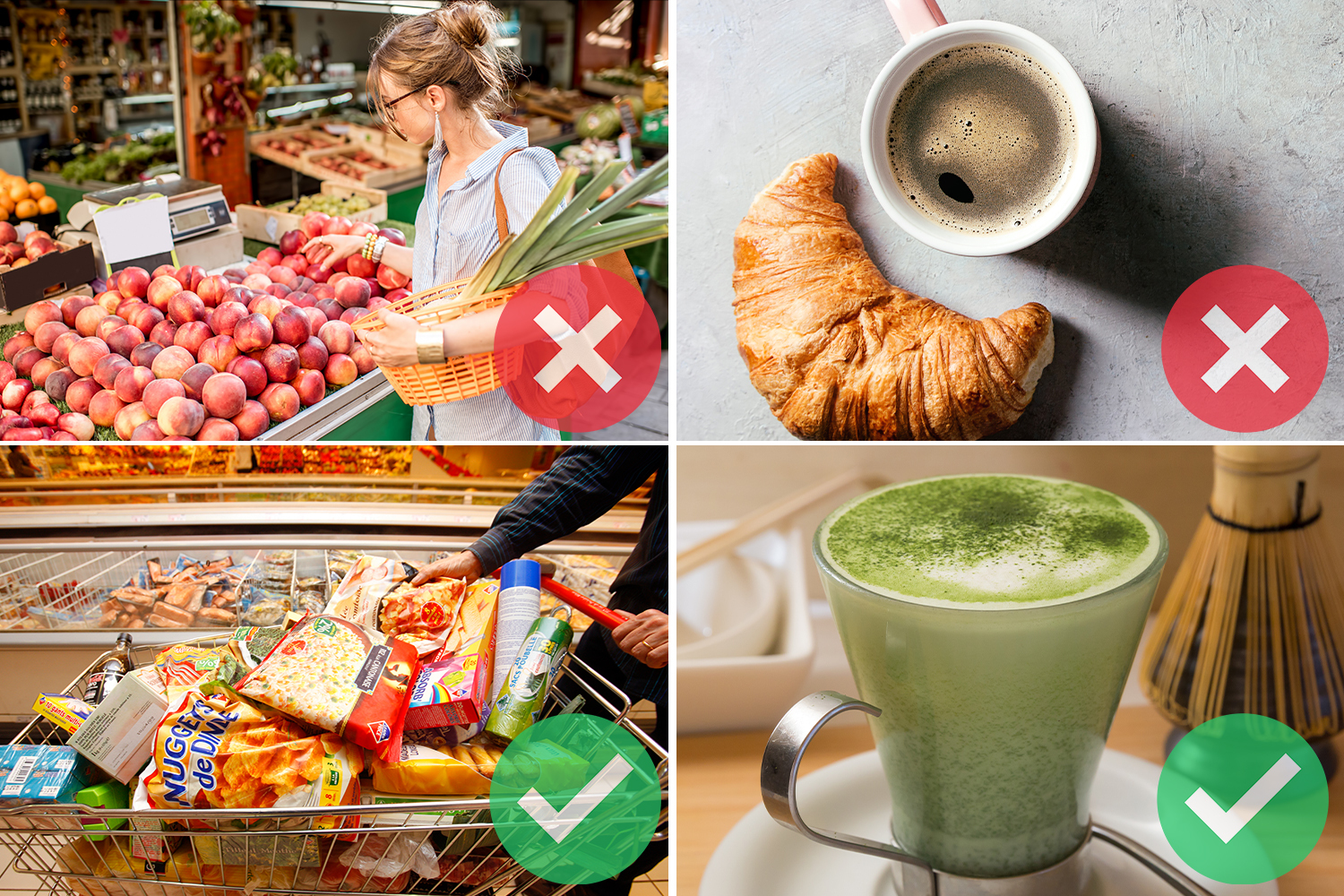 Collage showing healthy and unhealthy food choices.