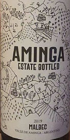 Illustration of a wine bottle label featuring a landscape drawing and the text "AMINCA ESTATE BOTTLED 2019 MALBEC."
