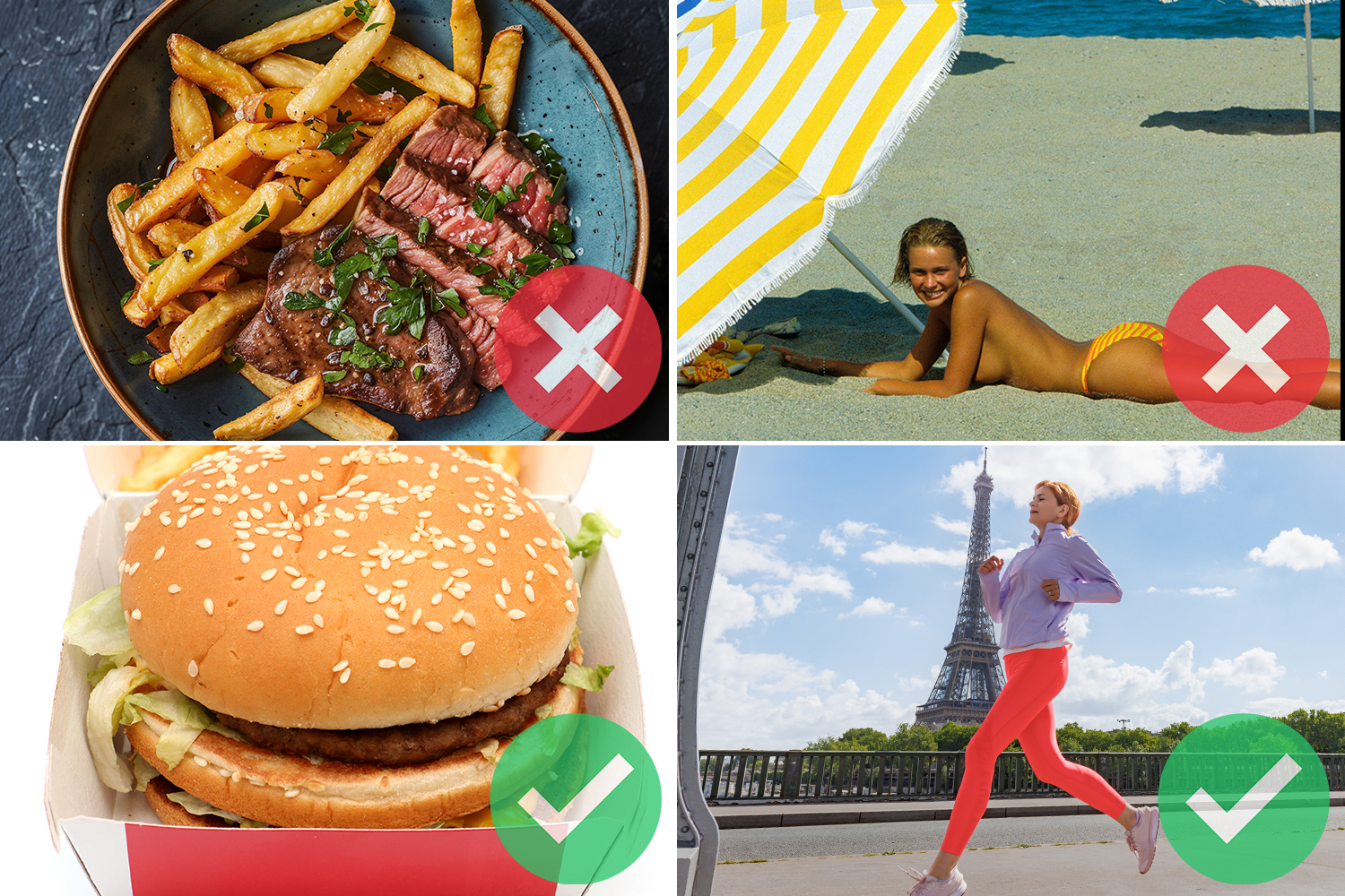 Collage showing healthy and unhealthy choices: a burger and running are marked as good choices, while steak and fries, and sunbathing topless are marked as bad choices.
