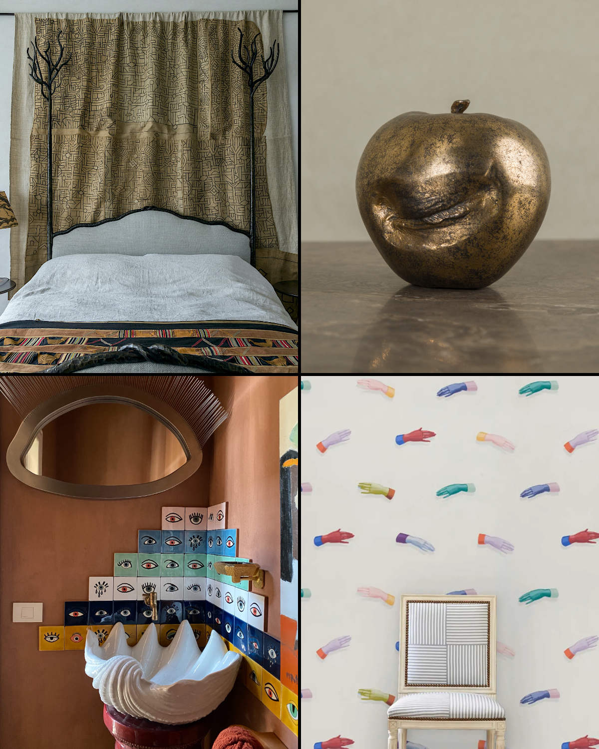 Collage of four interior design images: a bed with a patterned headboard, a bronze apple sculpture, an eye-themed bathroom, and a chair in front of a hand-patterned wall.
