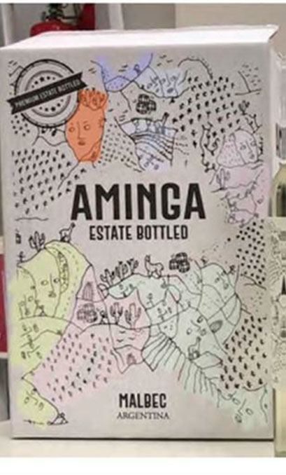 Illustration of a case of Aminga Malbec wine from Argentina, involved in a copyright infringement lawsuit.