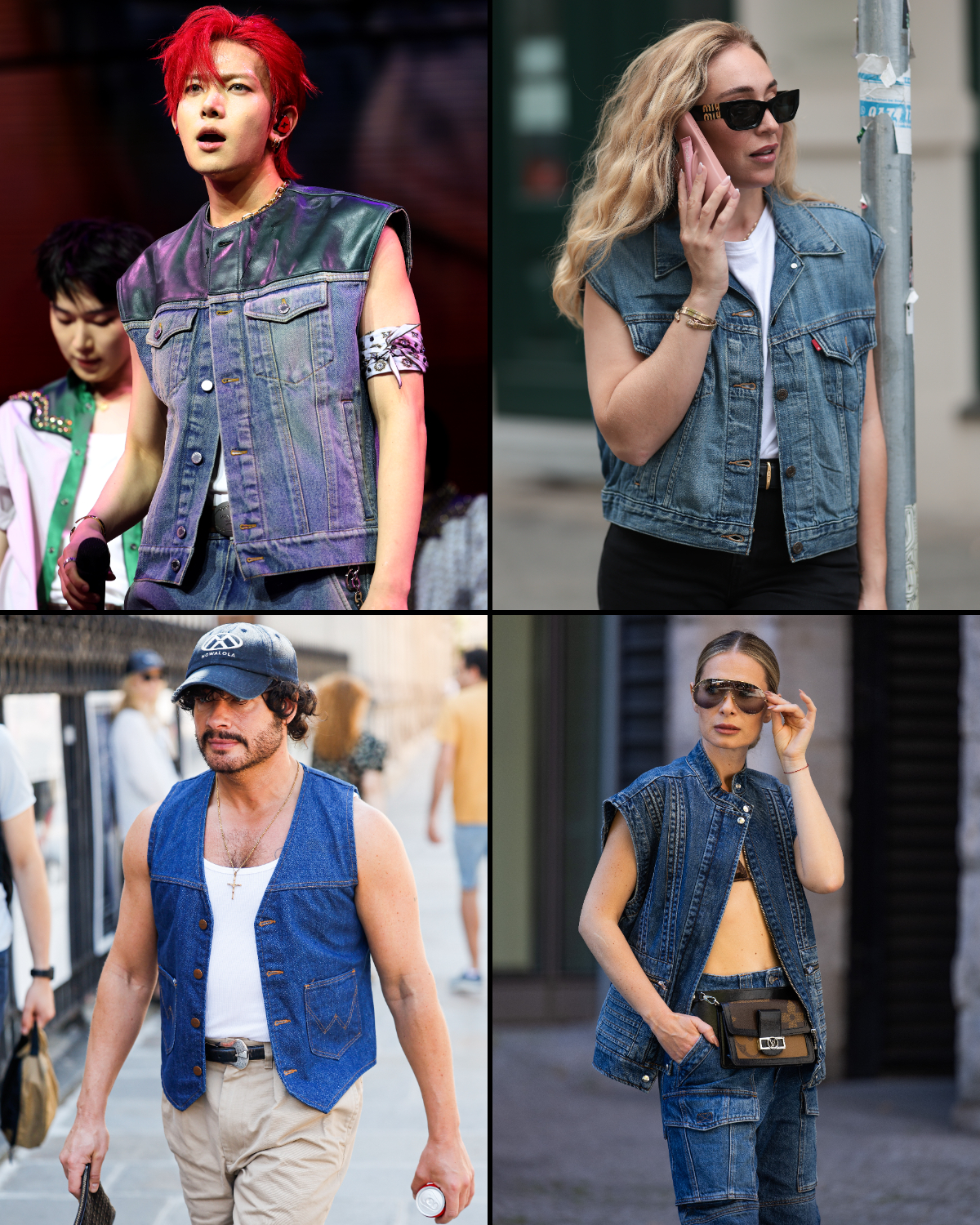 Collage of four people wearing denim vests.