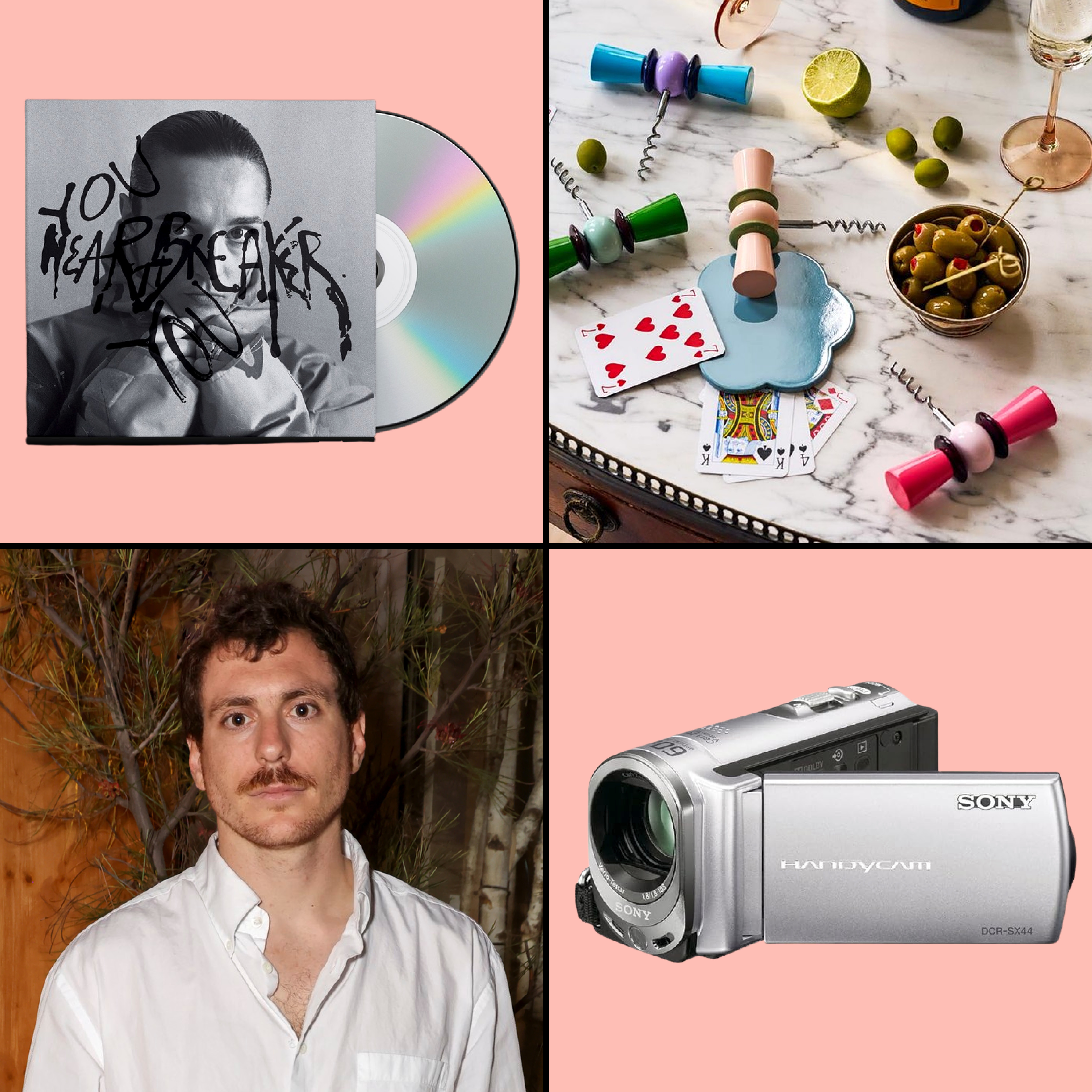 Collage of a CD, corkscrews, playing cards, a man, and a camcorder.