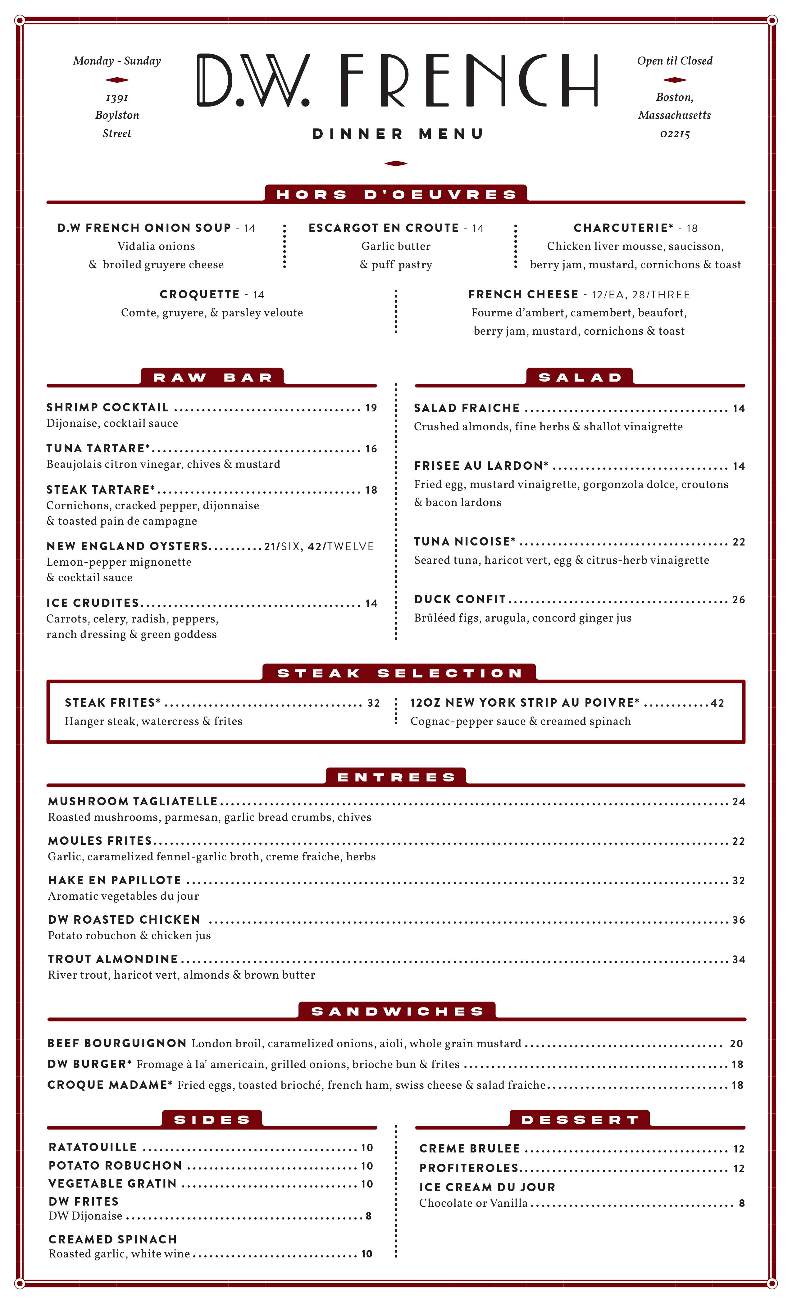 Dinner menu for a restaurant called DW French