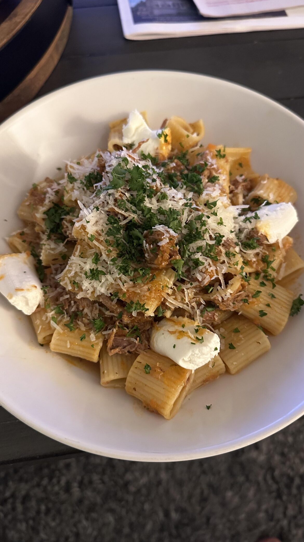 Rigatoni, Lamb bolognese, Goat cheese.