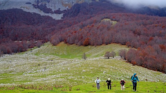 Hikers on the Piano de Pollino plain in Pollino National Park.