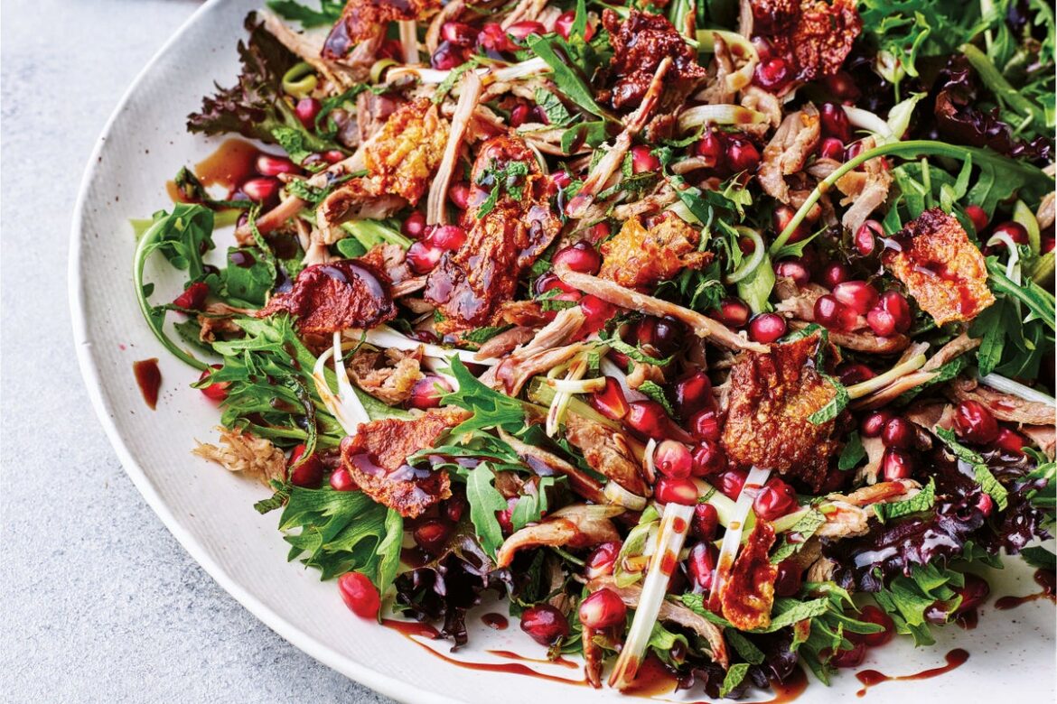 Duck and pomegranate salad with crispy skin and honey dressing recipe