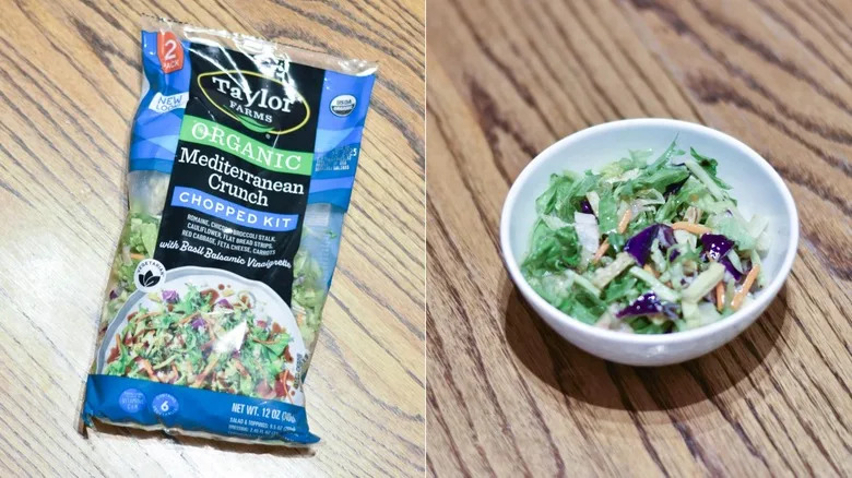 A package of organic Mediterranean crunch salad next to a white bowl of prepared salad