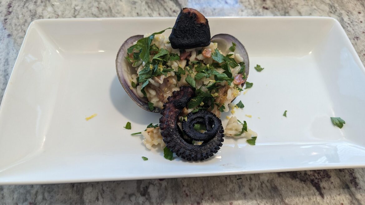 Cherry Clam Risotto with Soy Marinated Grilled Octopus