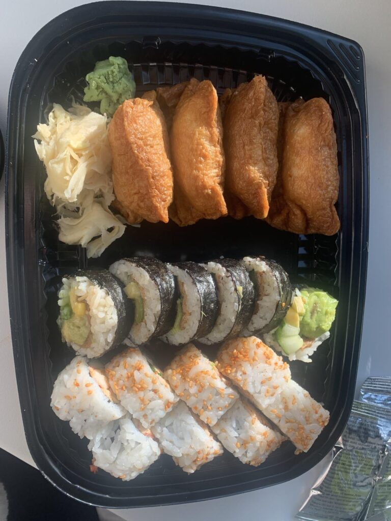 calories in this sushi? 4x inari, 6x vegetable roll(avocado and tofu mainly) & 8x inside out crawfish roll