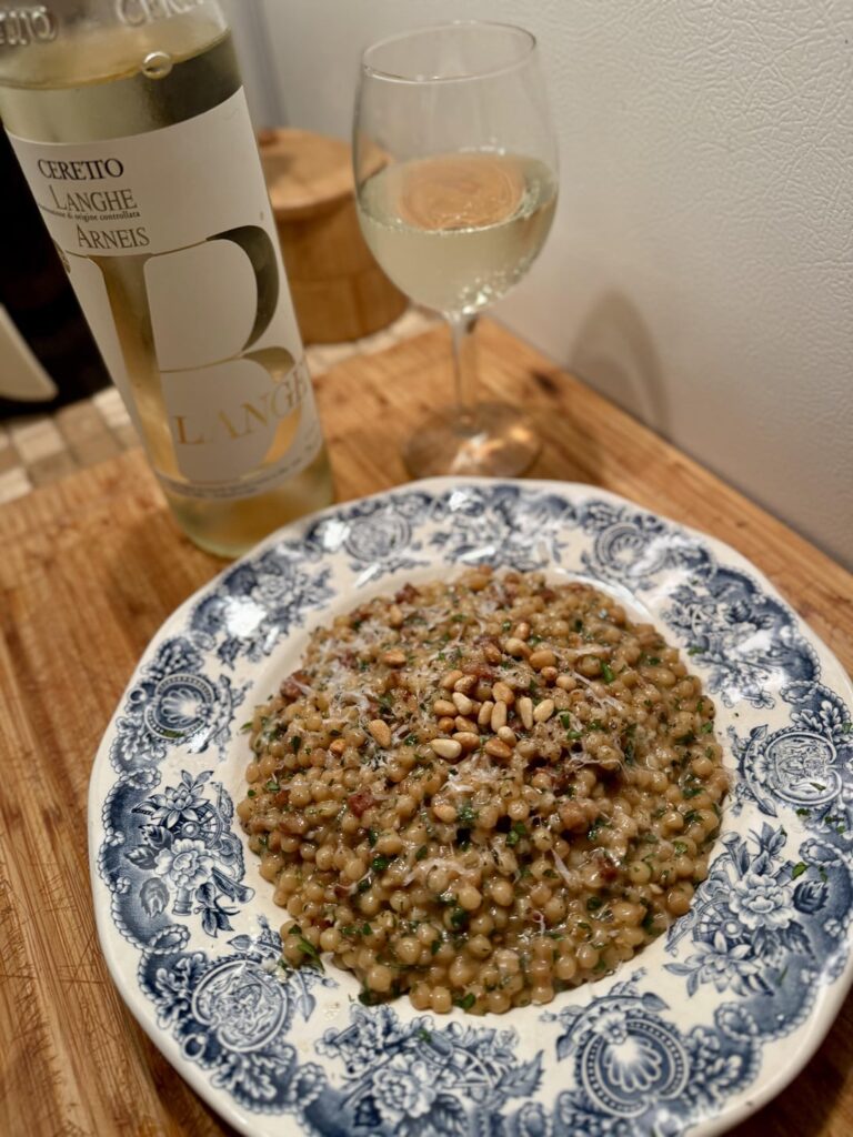 Fregula with pancetta, basil, mint, parsley and pecorino